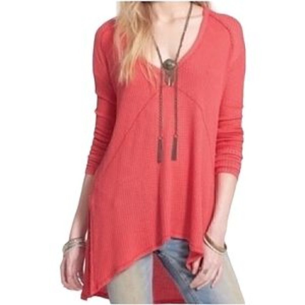 Free People Sunset Park Coral Thermal Waffle Knit V-Neck High Low Long Sleeve - Picture 3 of 8